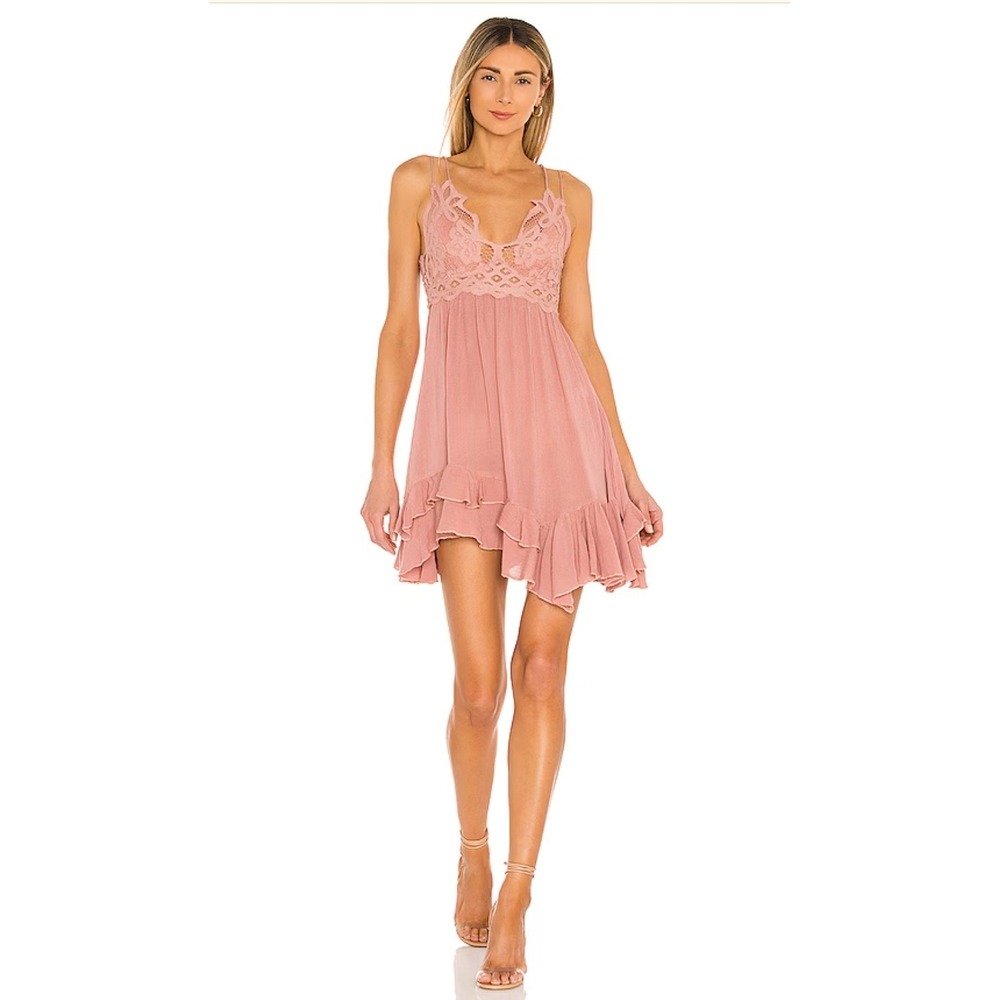Free People One Adella Mini Dress Rose Pink Lace Boho Small